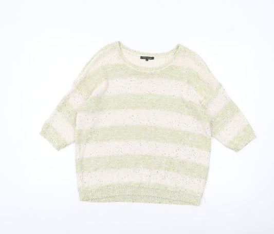 River Island Women Cream Green Striped Sequin Knit Jumper Size 8