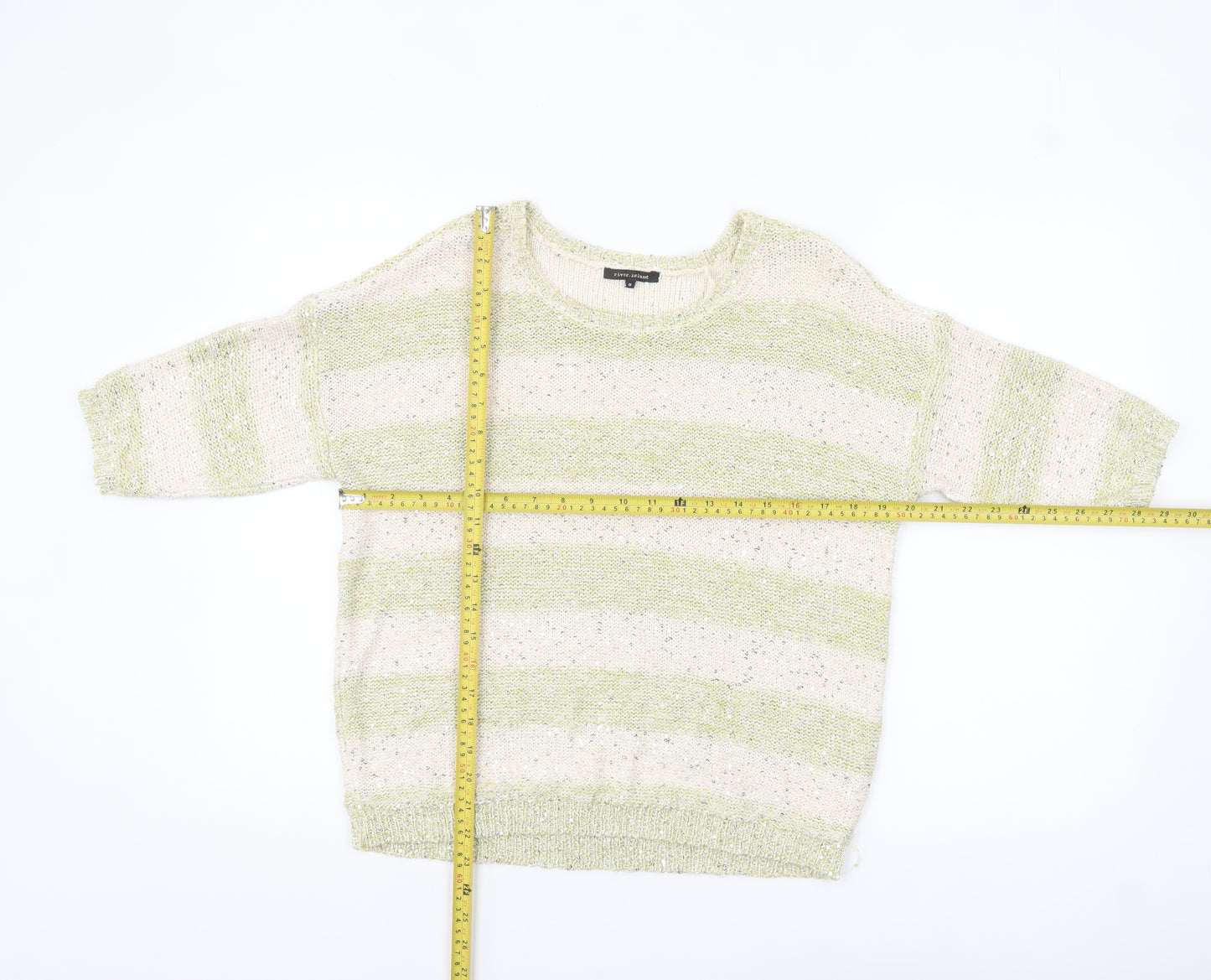 River Island Women Cream Green Striped Sequin Knit Jumper Size 8