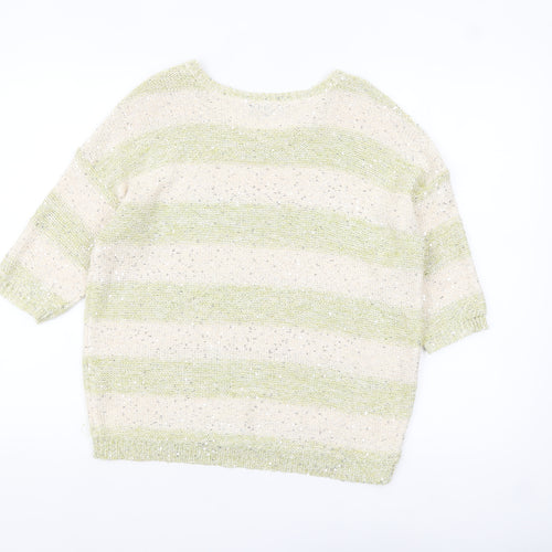 River Island Women Cream Green Striped Sequin Knit Jumper Size 8