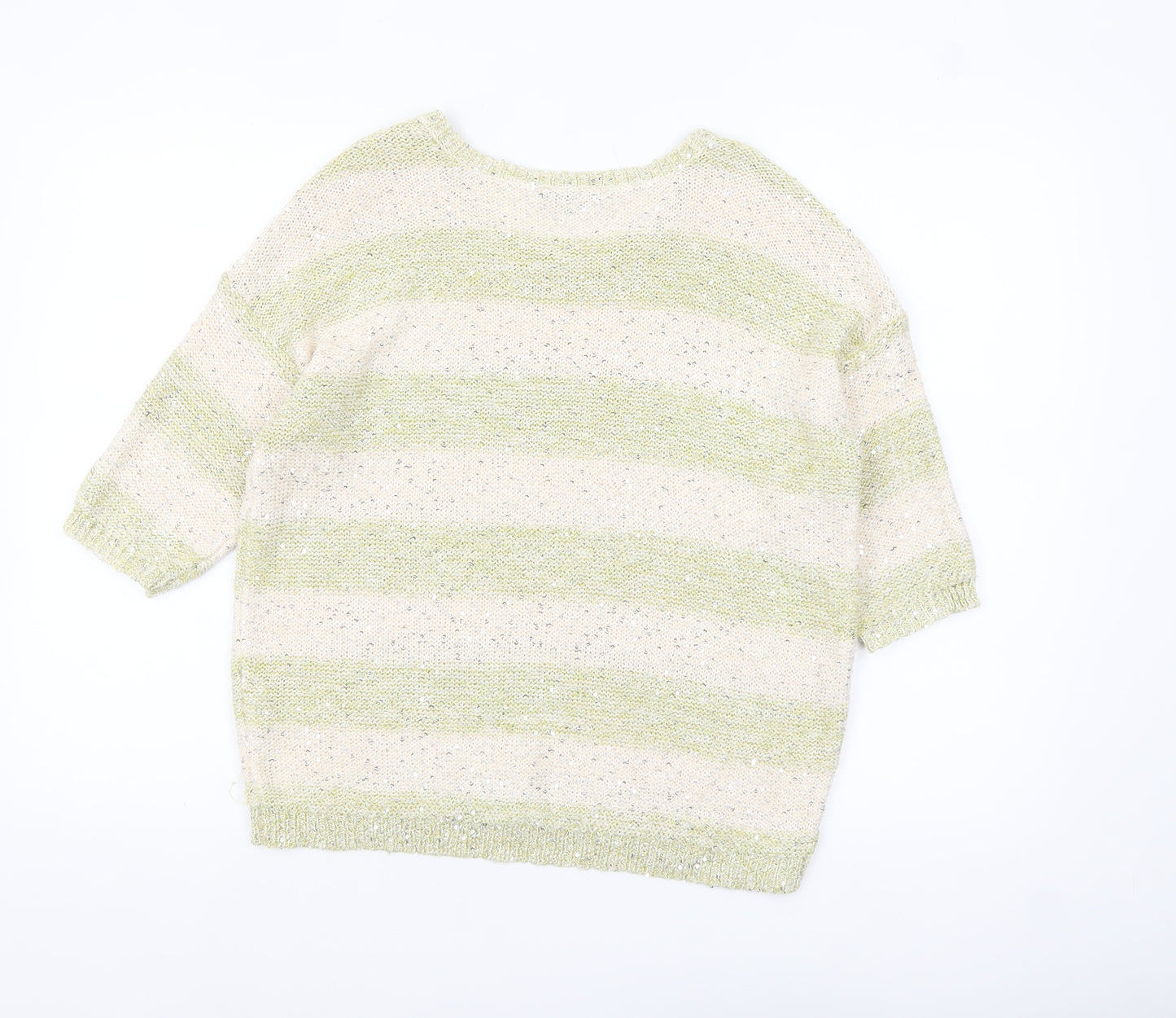River Island Women Cream Green Striped Sequin Knit Jumper Size 8