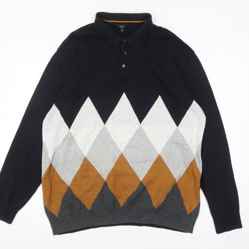 Next Men's Multicoloured Argyle Collared Jumper 2XL Cotton Pullover