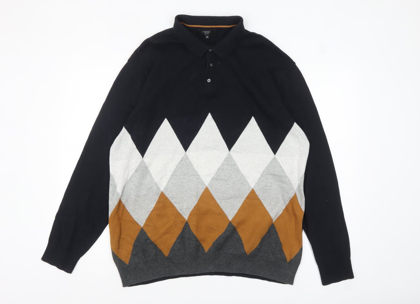 Next Men's Multicoloured Argyle Collared Jumper 2XL Cotton Pullover