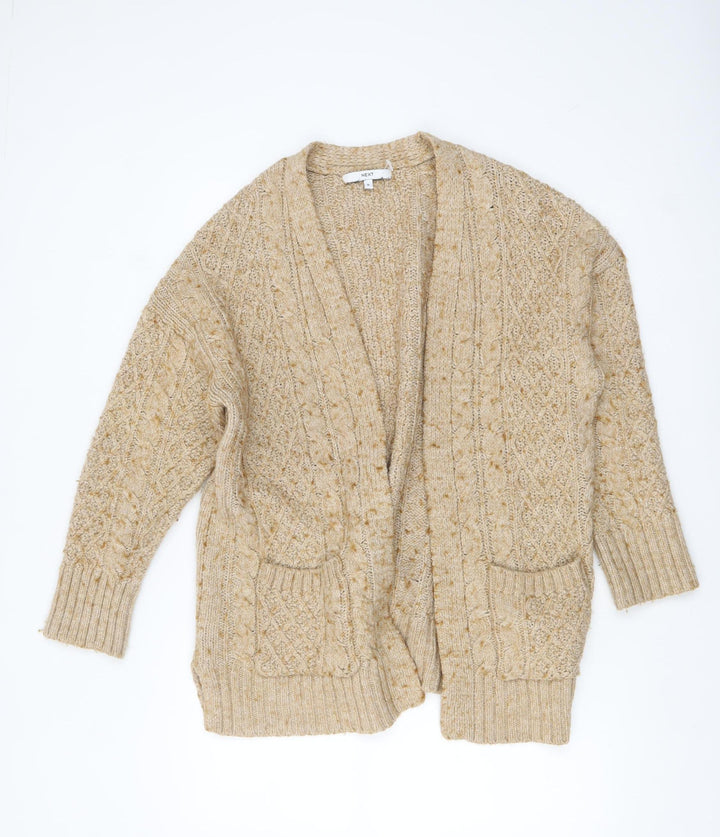 Next Women's Beige Cable Knit Wool Blend V-Neck Cardigan M