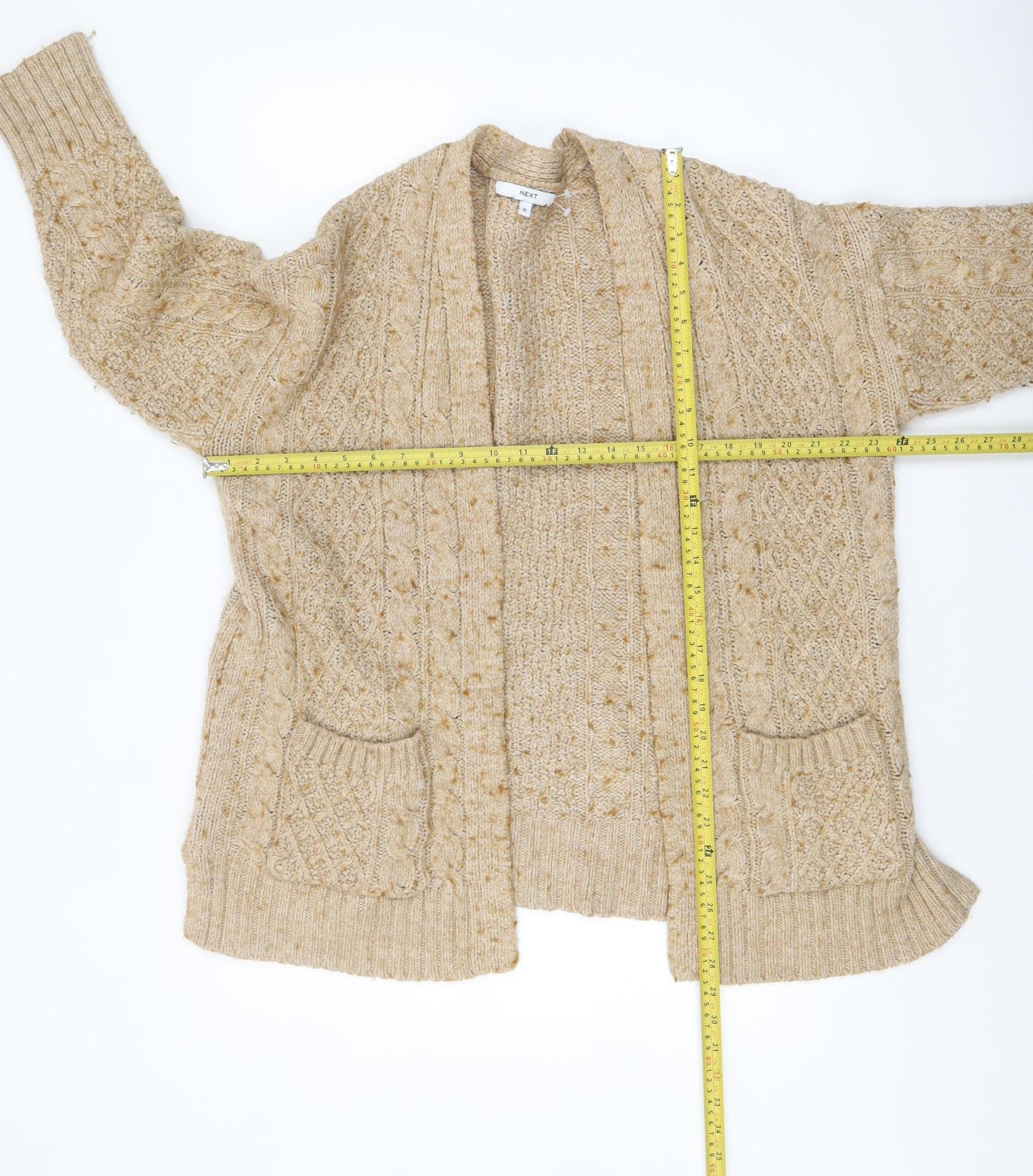 Next Women's Beige Cable Knit Wool Blend V-Neck Cardigan M