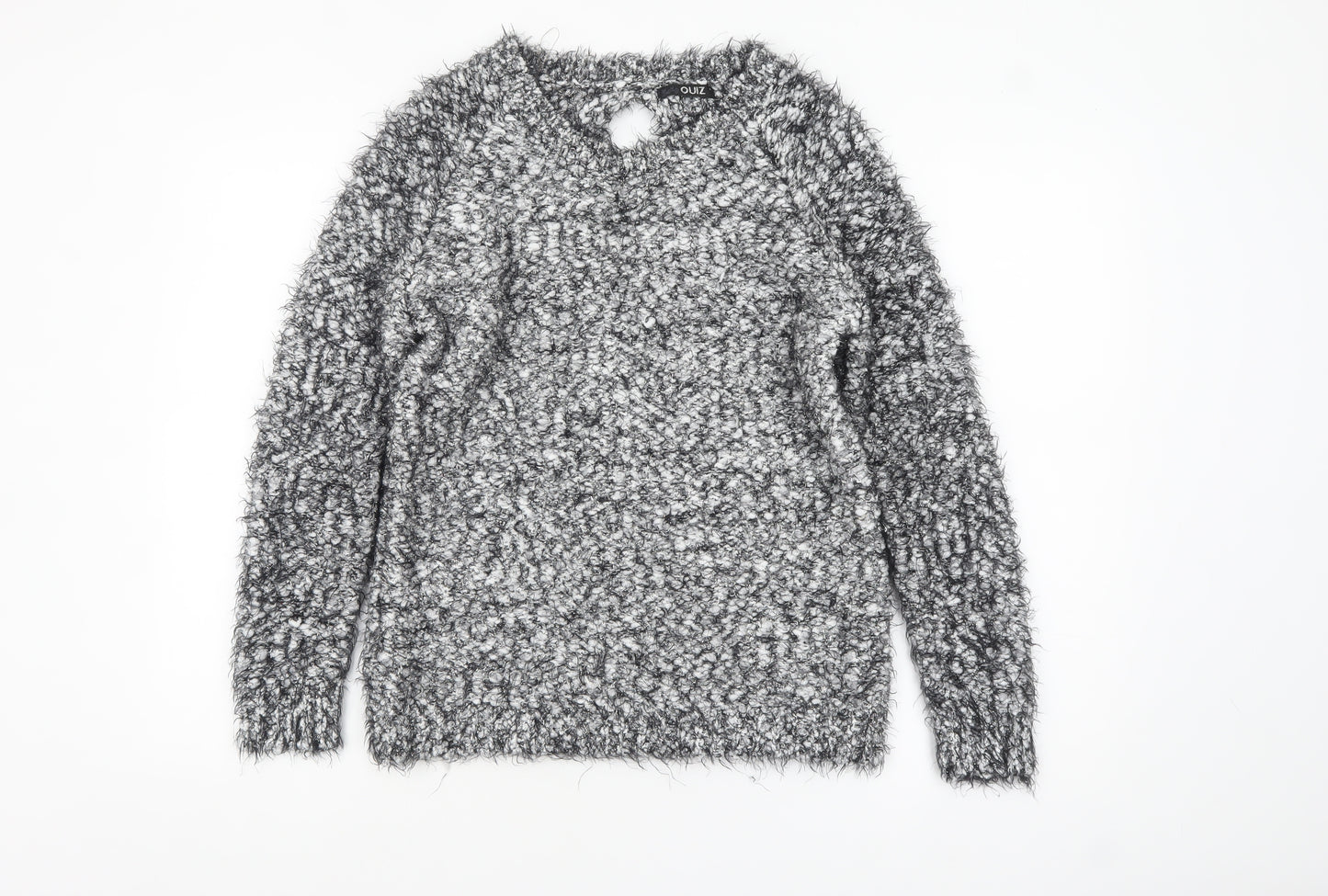 Quiz Women’s Grey Fuzzy Chunky Knit Long Sleeve Bow Jumper Size S