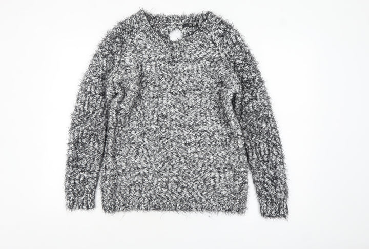 Quiz Women’s Grey Fuzzy Chunky Knit Long Sleeve Bow Jumper Size S