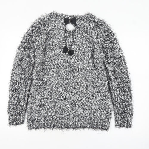 Quiz Women’s Grey Fuzzy Chunky Knit Long Sleeve Bow Jumper Size S