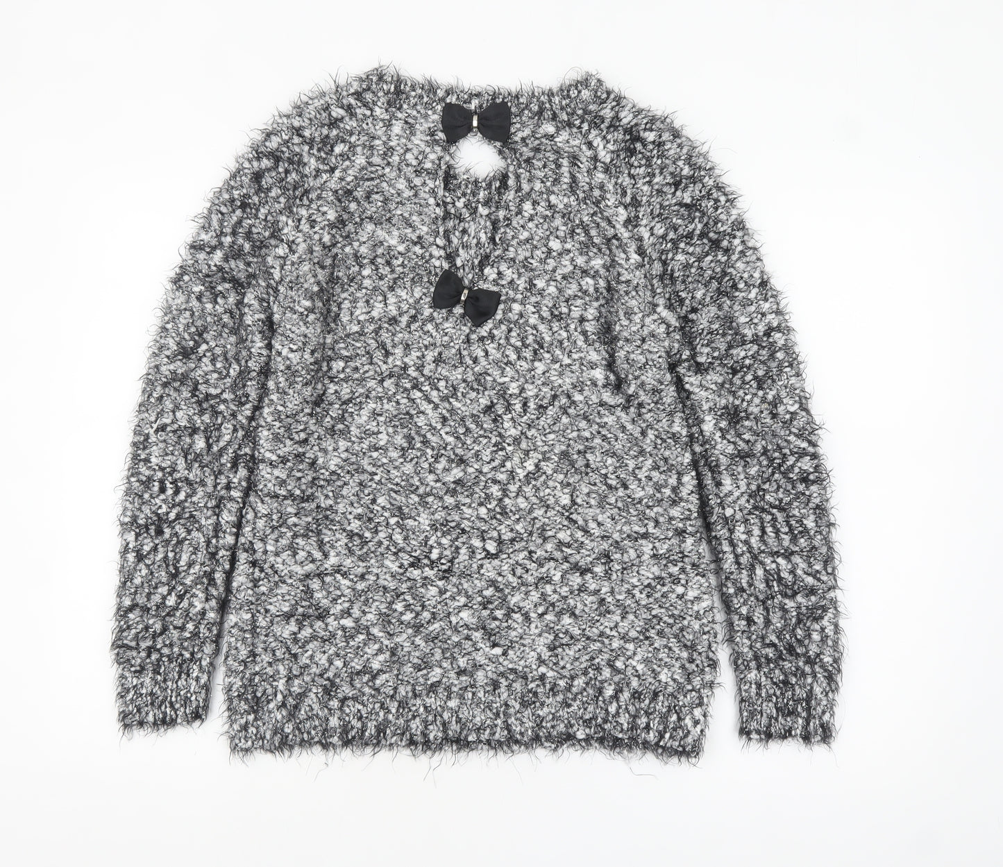Quiz Women’s Grey Fuzzy Chunky Knit Long Sleeve Bow Jumper Size S