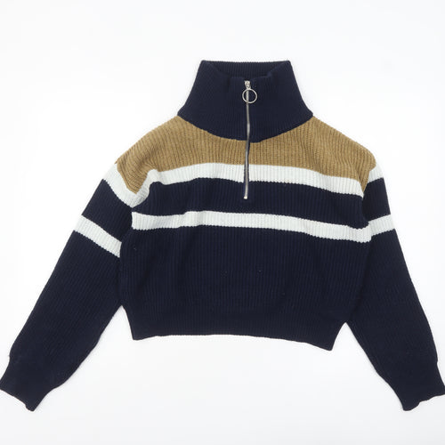 Urban Outfitters Women's Blue Striped Half Zip Chunky Knit Jumper Size S