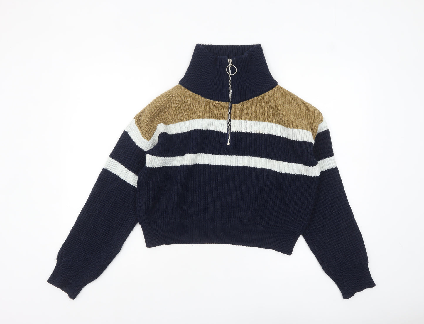 Urban Outfitters Women's Blue Striped Half Zip Chunky Knit Jumper Size S