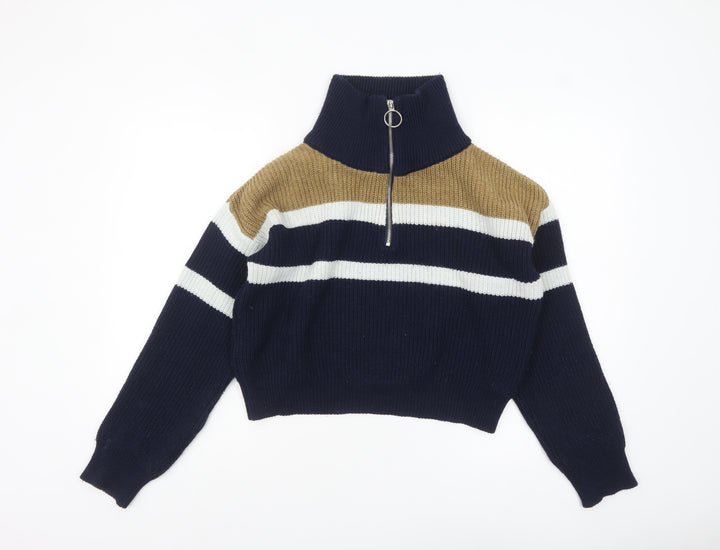 Urban Outfitters Women's Blue Striped Half Zip Chunky Knit Jumper Size S