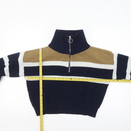 Urban Outfitters Women's Blue Striped Half Zip Chunky Knit Jumper Size S
