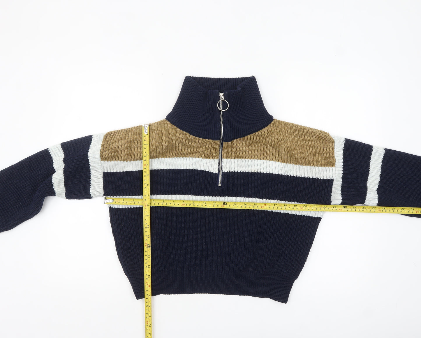 Urban Outfitters Women's Blue Striped Half Zip Chunky Knit Jumper Size S