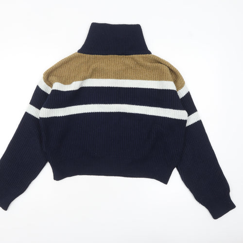 Urban Outfitters Women's Blue Striped Half Zip Chunky Knit Jumper Size S