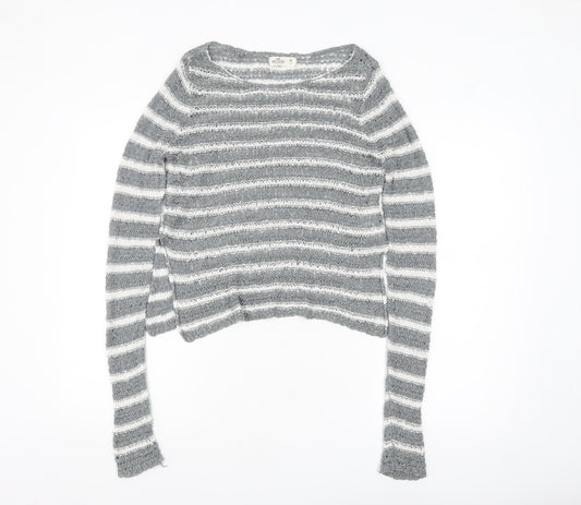 Hollister Women Grey Striped Open-Knit Pullover Jumper Size M