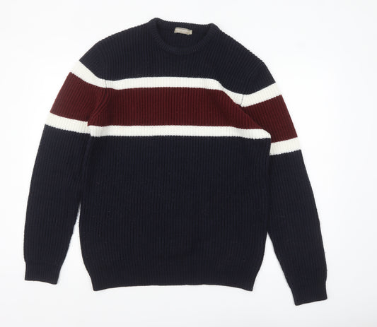 Cotton & Silk Men's Navy Striped Crew Neck Pullover Jumper 2XL