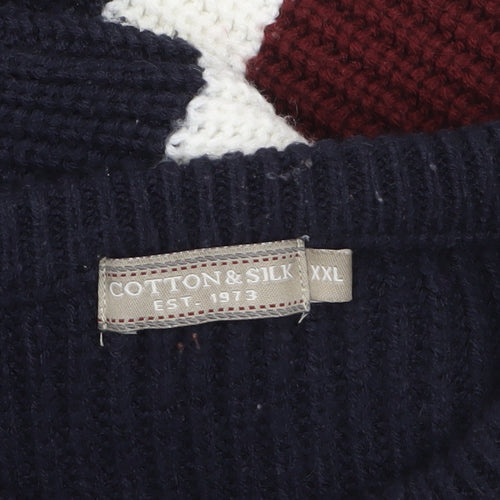 Cotton & Silk Men's Navy Striped Crew Neck Pullover Jumper 2XL