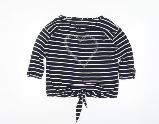 Wallis Women’s Blue Striped Rhinestone Heart Tie Hem 3/4 Sleeve Top M