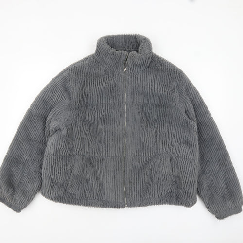 New Look Women Grey Size 14 Short Puffer Jacket Fleece Lined Zip