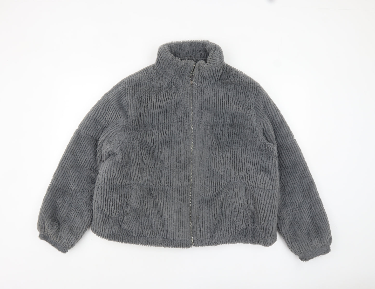 New Look Women Grey Size 14 Short Puffer Jacket Fleece Lined Zip