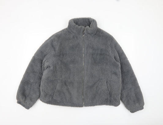 New Look Women Grey Size 14 Short Puffer Jacket Fleece Lined Zip