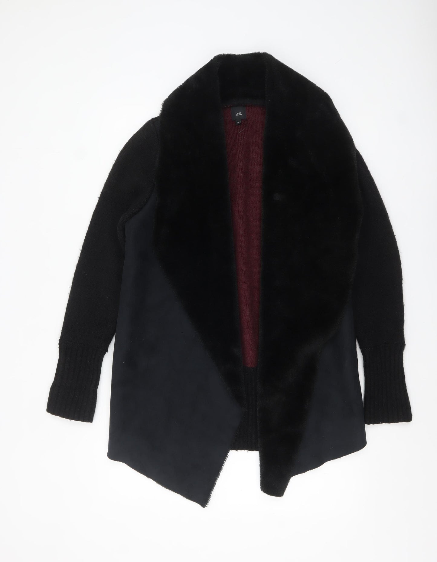 River Island Womens Black Faux Fur Trim Open Knit Cardigan M