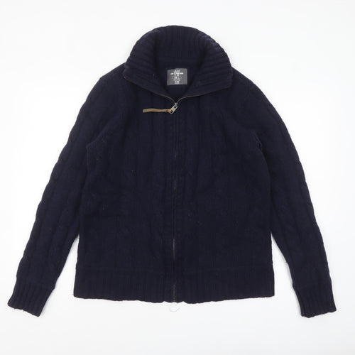 H&M L.O.G.G. Men's Blue Wool Cable-Knit Full Zip Jumper L
