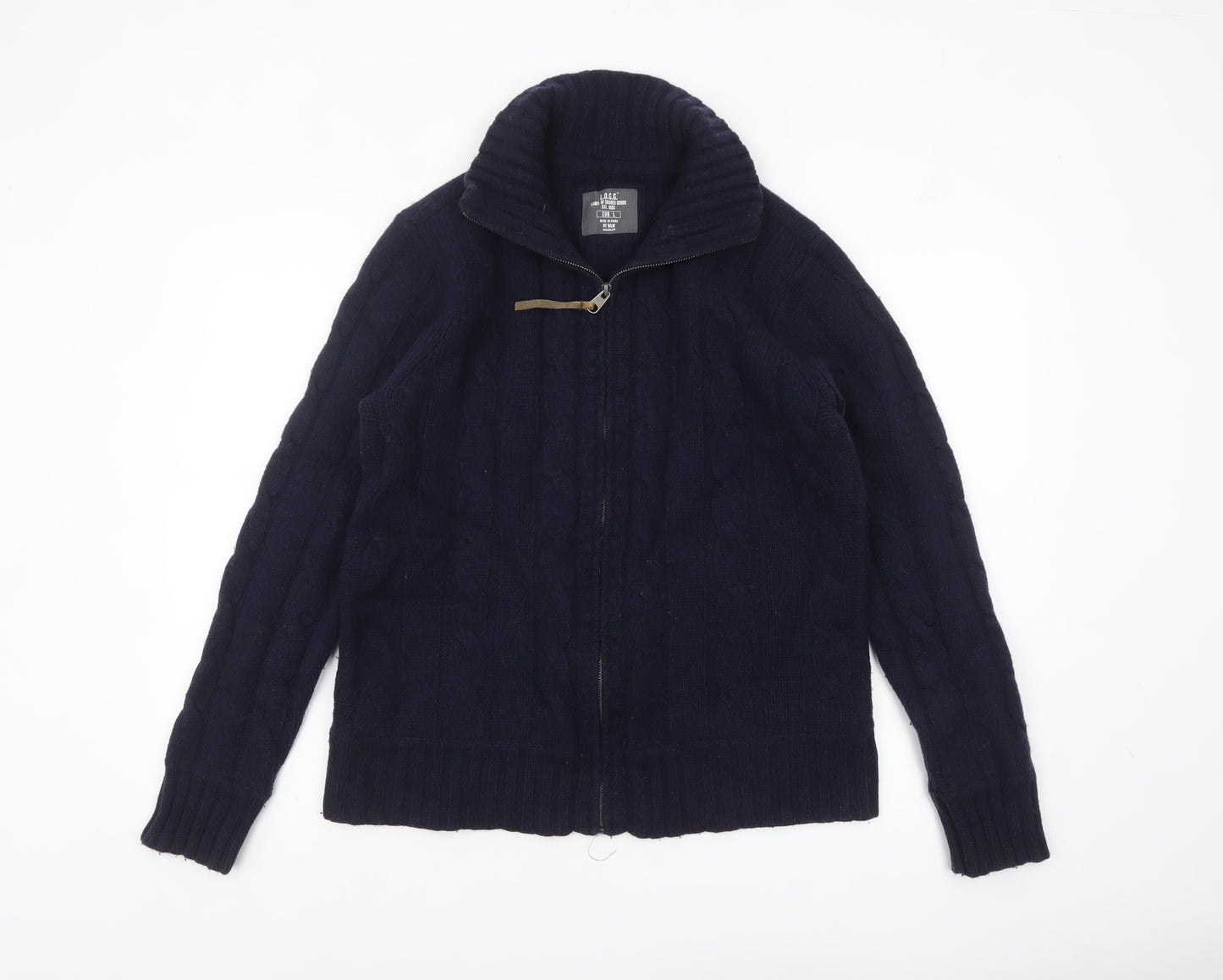 H&M L.O.G.G. Men's Blue Wool Cable-Knit Full Zip Jumper L