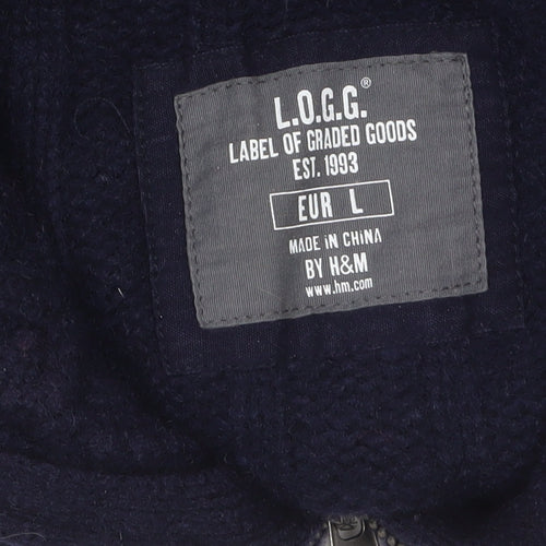 H&M L.O.G.G. Men's Blue Wool Cable-Knit Full Zip Jumper L