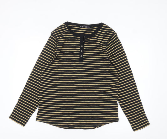 Marks and Spencer Women's Black Striped Henley Long Sleeve Cotton T-Shirt Size 18