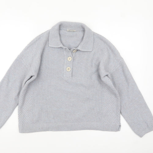 Poetry Women's Grey Organic Cotton Collared Button-Up Knit Top Size 10