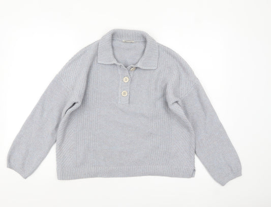 Poetry Women's Grey Organic Cotton Collared Button-Up Knit Top Size 10