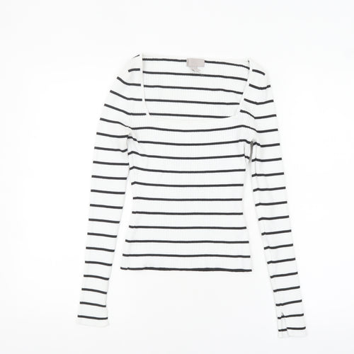 H&M Women’s White Black Striped Square Neck Ribbed Jumper XS