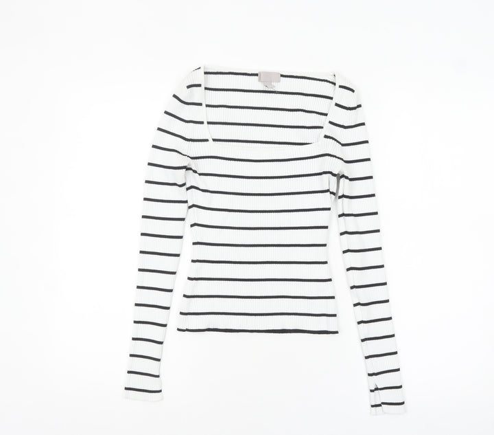 H&M Women’s White Black Striped Square Neck Ribbed Jumper XS