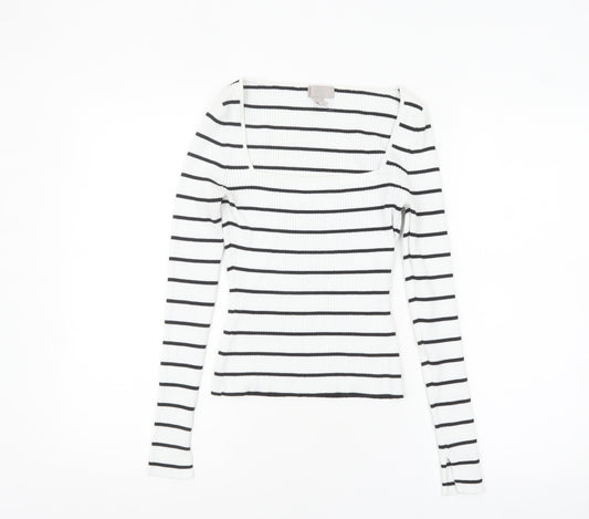 H&M Women’s White Black Striped Square Neck Ribbed Jumper XS