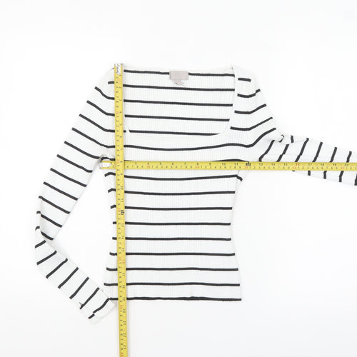 H&M Women’s White Black Striped Square Neck Ribbed Jumper XS