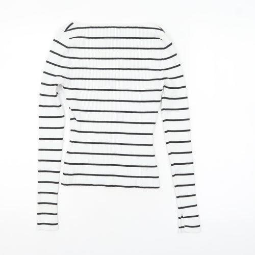 H&M Women’s White Black Striped Square Neck Ribbed Jumper XS