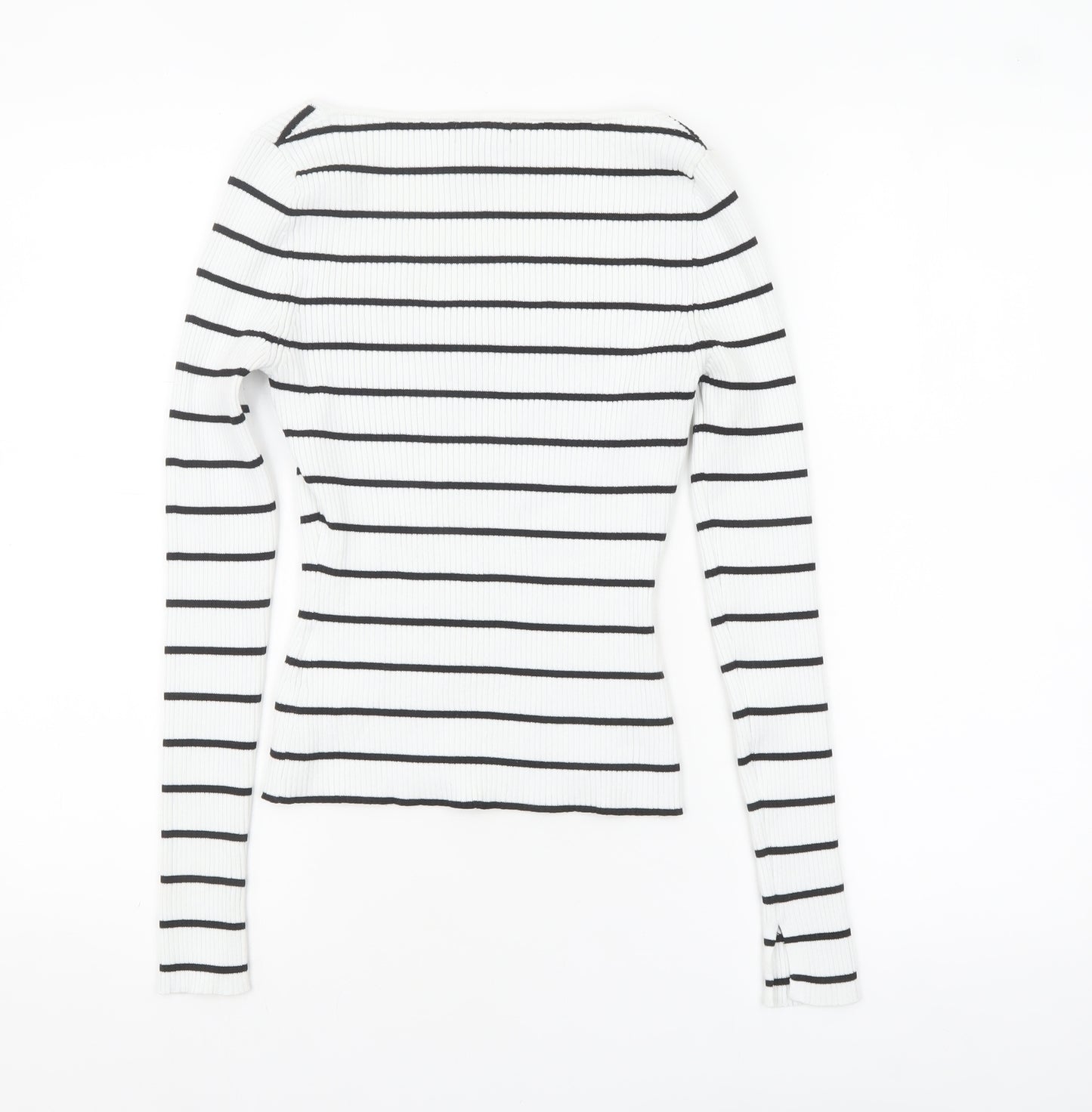 H&M Women’s White Black Striped Square Neck Ribbed Jumper XS