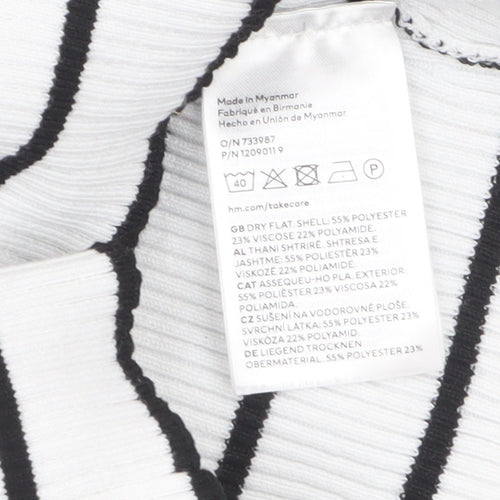H&M Women’s White Black Striped Square Neck Ribbed Jumper XS