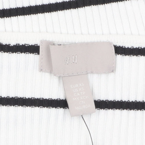 H&M Women’s White Black Striped Square Neck Ribbed Jumper XS