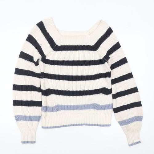 Tu Women Cream Navy Striped Knit Jumper Size S Cotton Acrylic