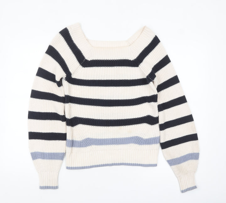 Tu Women Cream Navy Striped Knit Jumper Size S Cotton Acrylic
