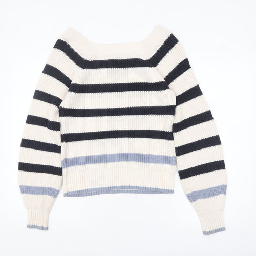 Tu Women Cream Navy Striped Knit Jumper Size S Cotton Acrylic