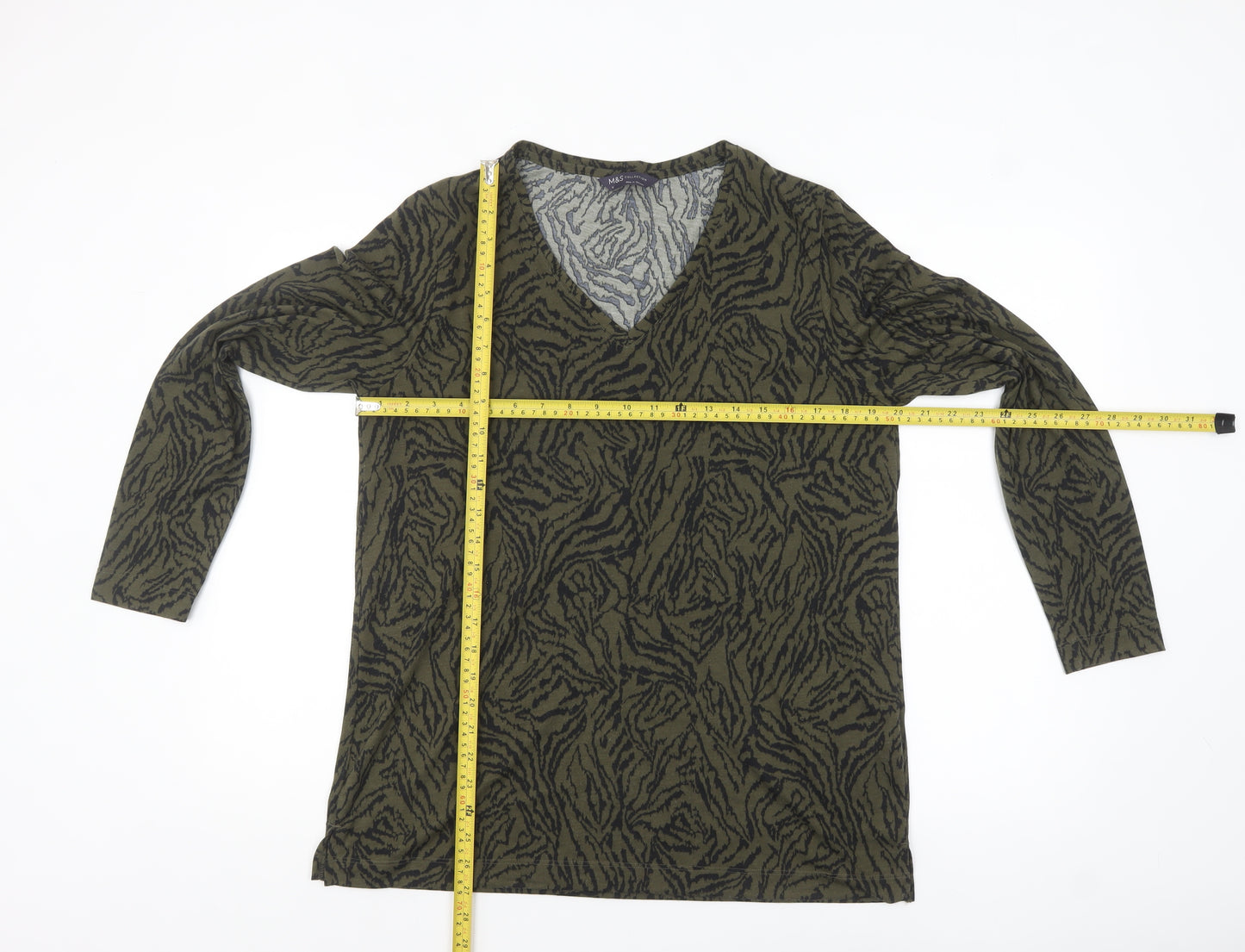 Marks and Spencer Women's Green Animal Print V-Neck Long Sleeve Top Size 12