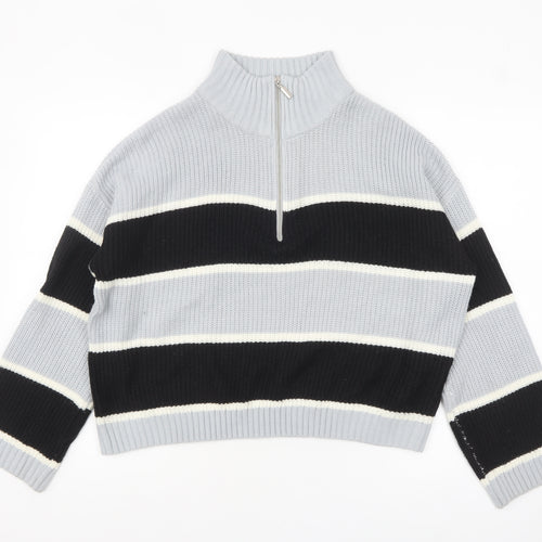 Brave Soul Women’s Grey Striped High Neck Half Zip Chunky Knit Jumper L