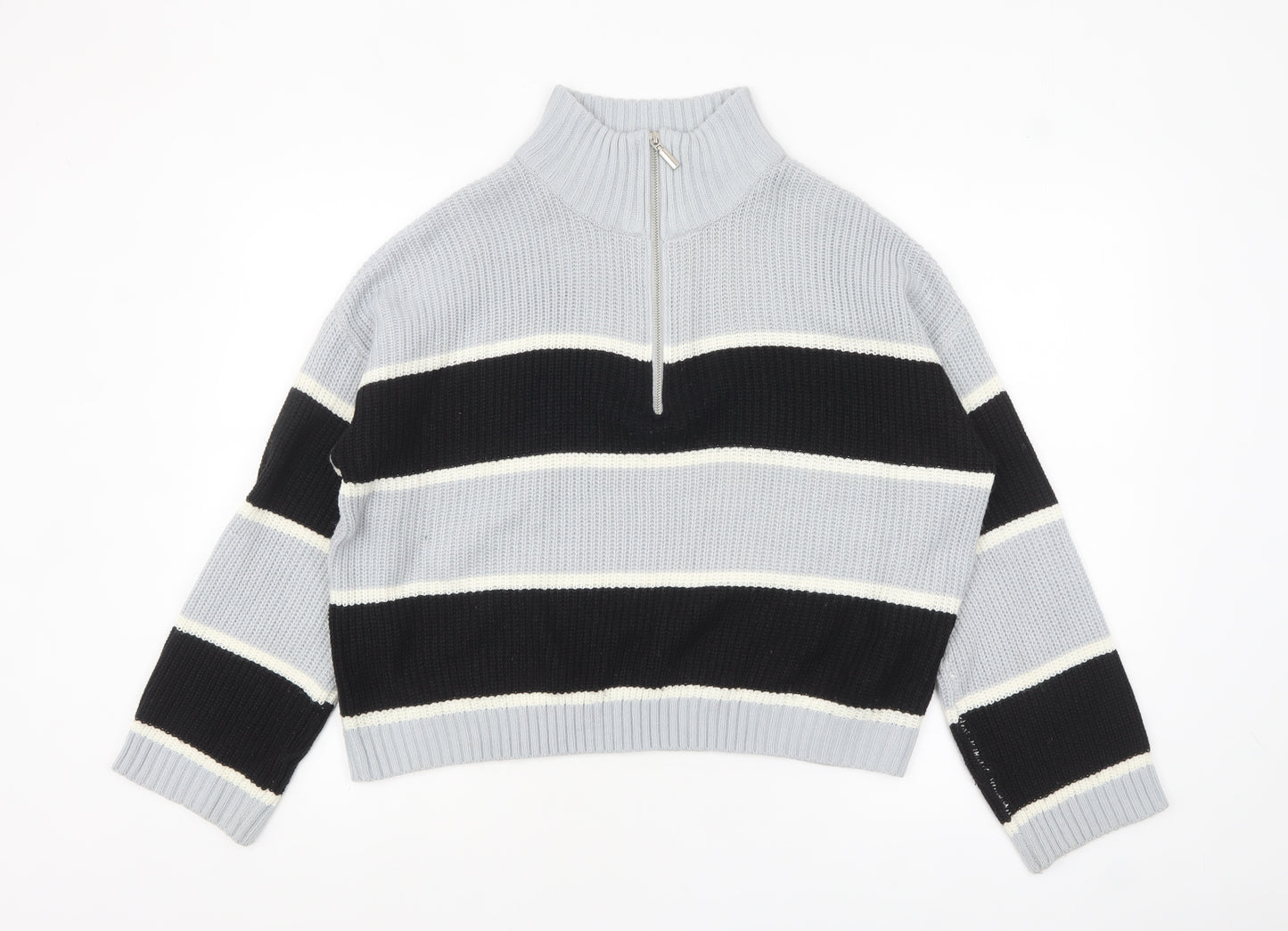 Brave Soul Women’s Grey Striped High Neck Half Zip Chunky Knit Jumper L