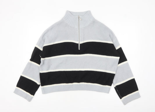 Brave Soul Women’s Grey Striped High Neck Half Zip Chunky Knit Jumper L
