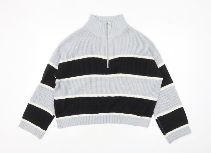 Brave Soul Women’s Grey Striped High Neck Half Zip Chunky Knit Jumper L