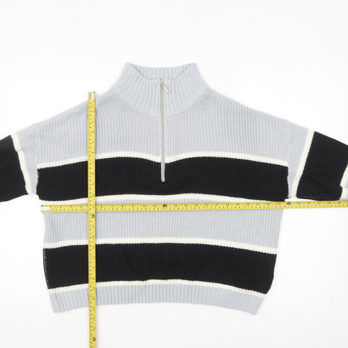 Brave Soul Women’s Grey Striped High Neck Half Zip Chunky Knit Jumper L