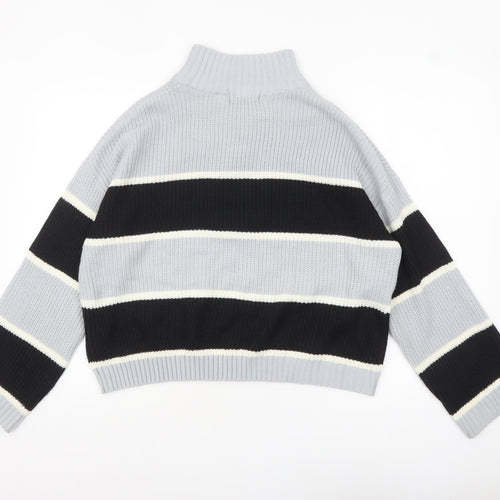 Brave Soul Women’s Grey Striped High Neck Half Zip Chunky Knit Jumper L